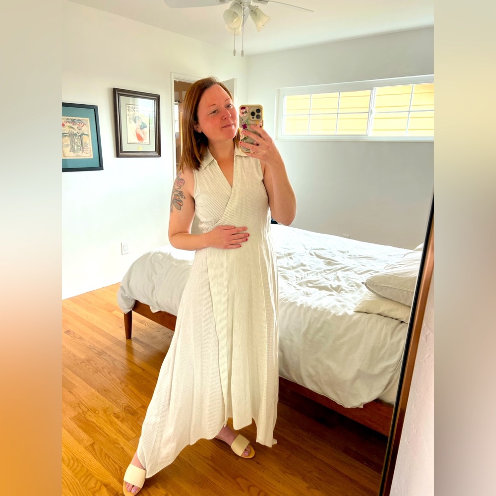 White Pinstripe Flowy Wrap Dress